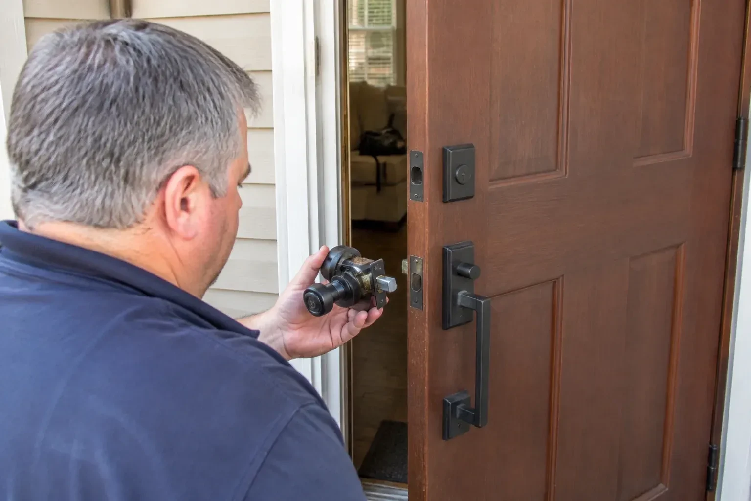 Person holding a removed black lock assembly beside a partly open brown front door with a long black pull handle. — Home Lockout Service, Oshawa