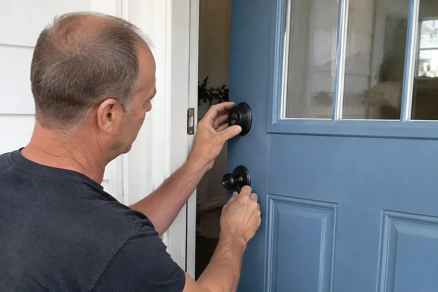 Person holding the black deadbolt and doorknob of a partly open blue front door. — Deadbolt Installation, Oshawa