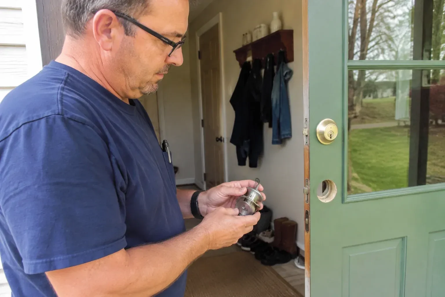 Person holding a cylindrical door-lock assembly beside an open green glazed door with its lower lock opening exposed. — Seized & Jammed Lock Opening, Oshawa