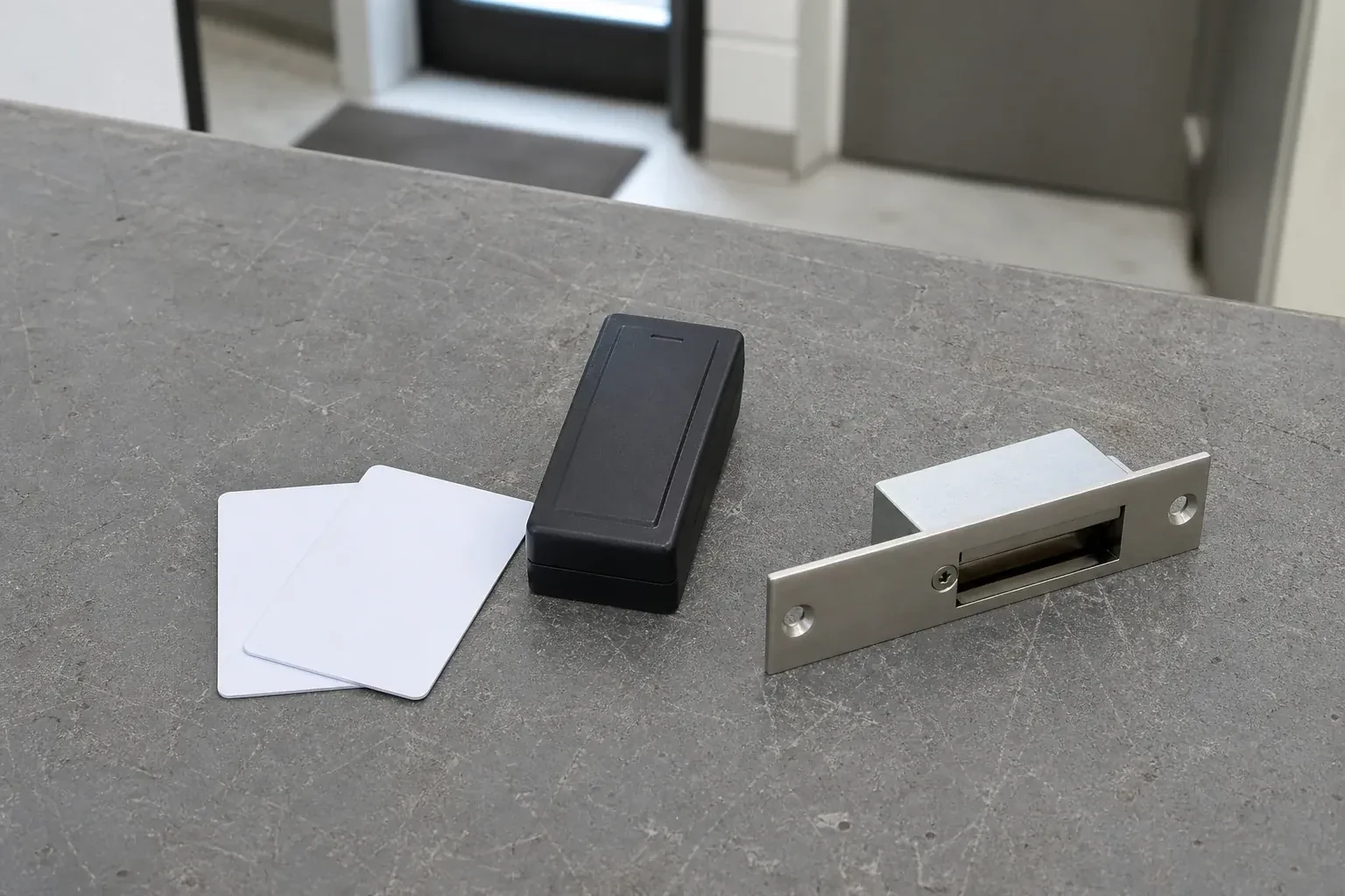 Detached card reader, two plain cards and an electric-strike component on a service bench. — Access Control Installation, Oshawa
