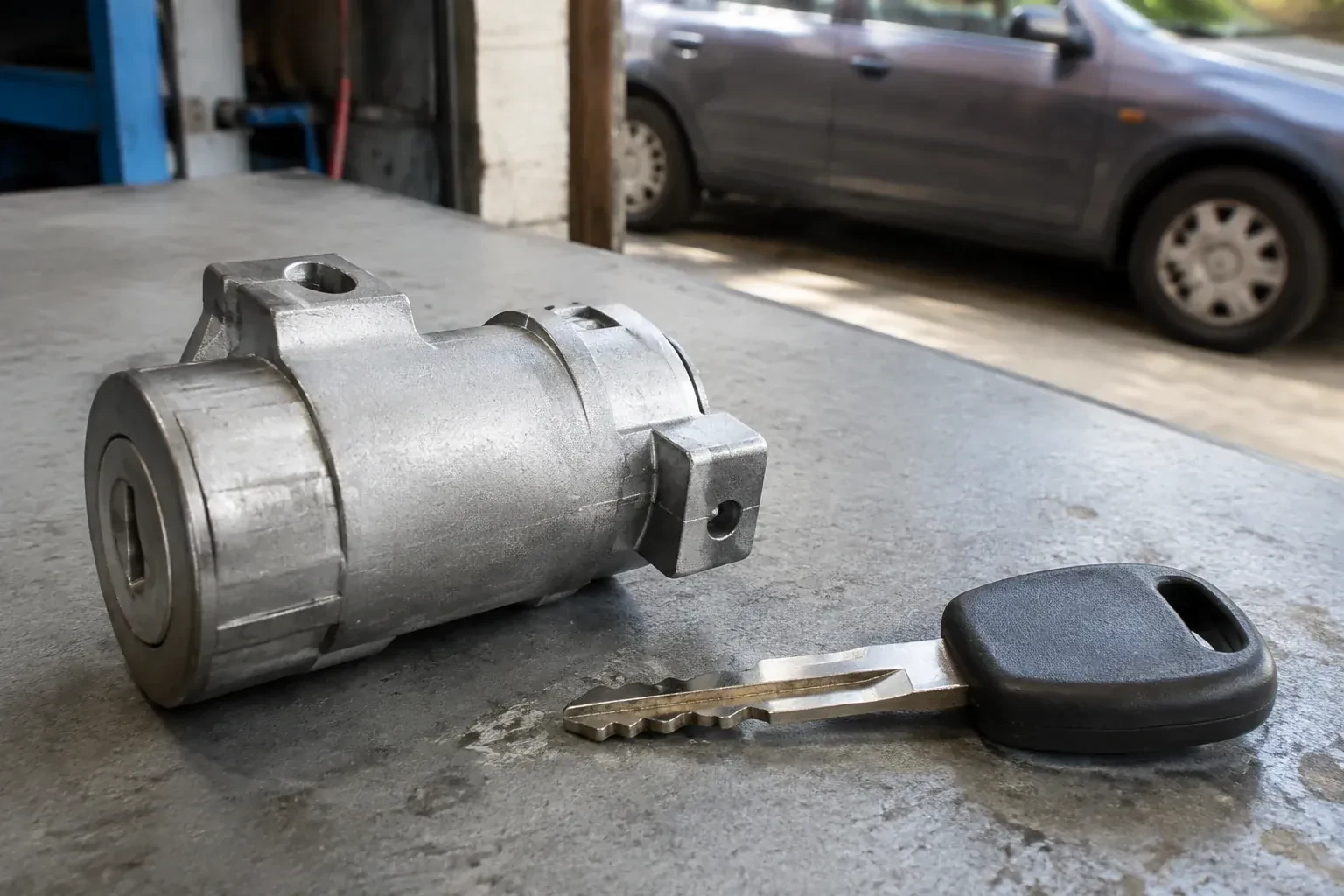 Detached cylindrical lock housing and black-headed key on an automotive workbench. — Ignition Lock Repair, Oshawa