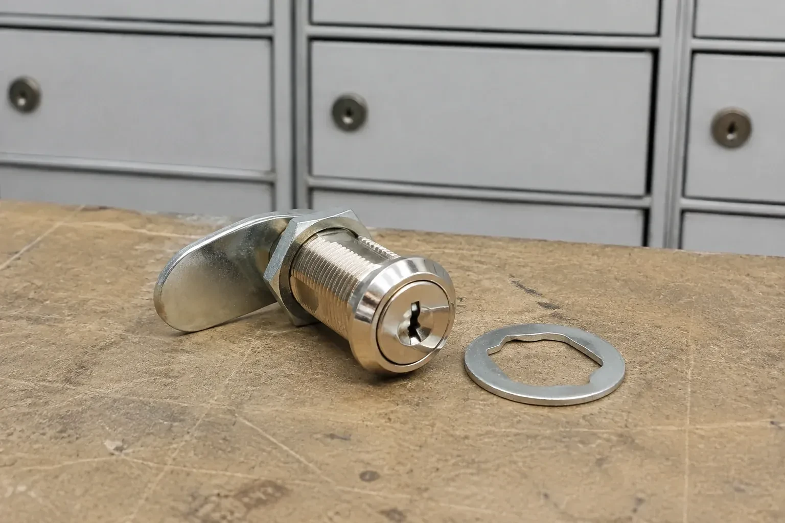 Detached threaded cam lock and mounting washer on a workbench in front of closed mail compartments. — Mailbox Lock Replacement, Oshawa