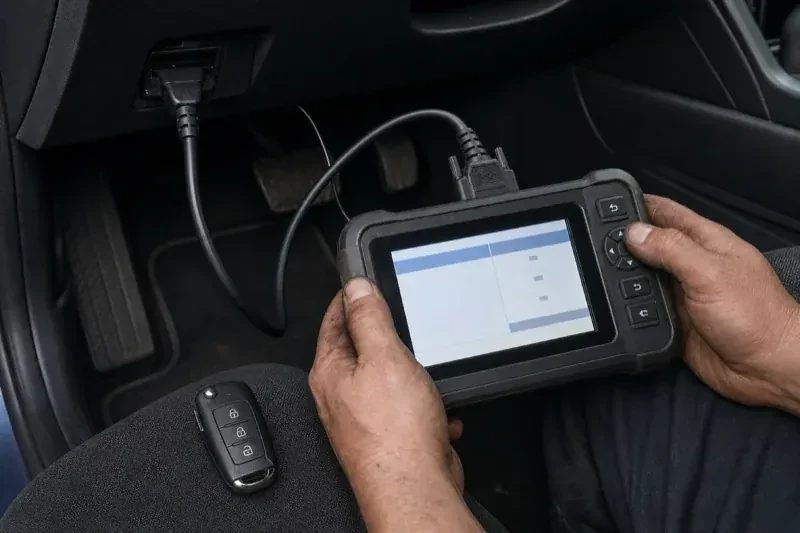 Hands holding a diagnostic tablet connected beneath a car dashboard, with a key fob resting on the person’s leg. — Key Fob Programming, Oshawa