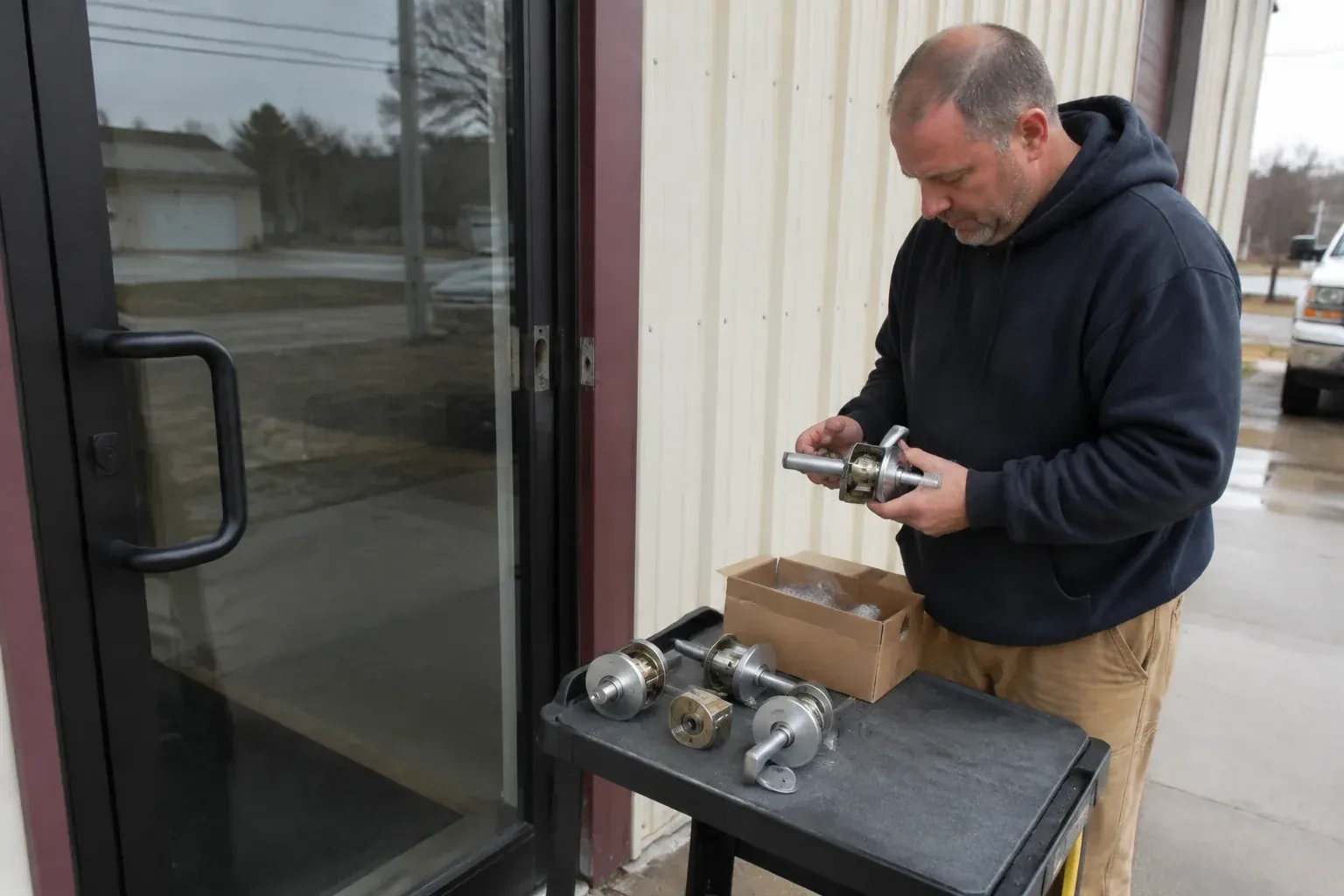 Person holding a door-handle assembly beside a glazed entrance, with more handle and lock components on a cart. — Commercial-Grade Lock Replacement, Oshawa