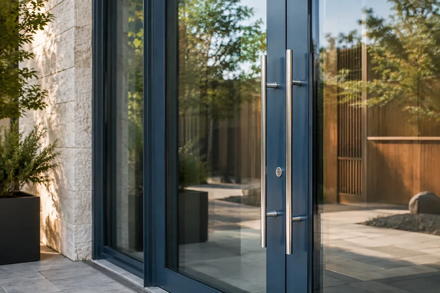 Dark-framed glass entrance doors with long silver-colored vertical pull handles and a round keyhole. — Business Lockout Service, Oshawa
