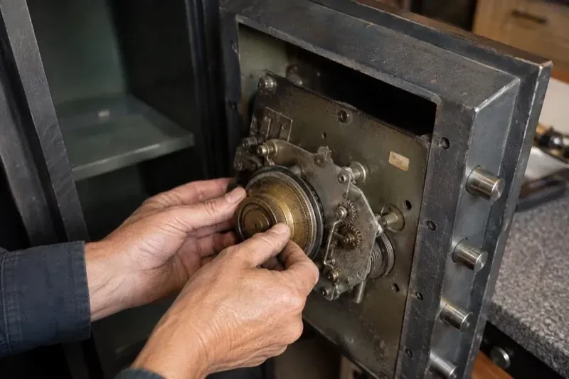 Hands holding a round metal component against the exposed mechanism inside an open safe door. — Safe Opening & Combination Change, Oshawa