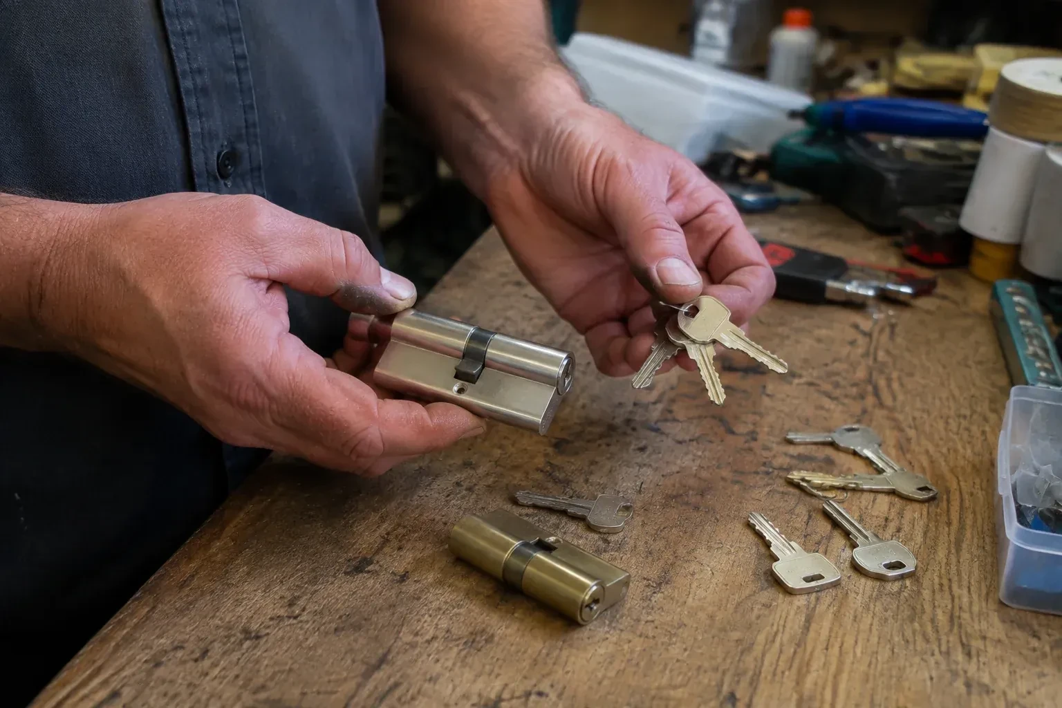 Hands holding a lock cylinder and a ring of keys above a worn workbench with another cylinder and loose keys. — Lock Rekeying, Oshawa