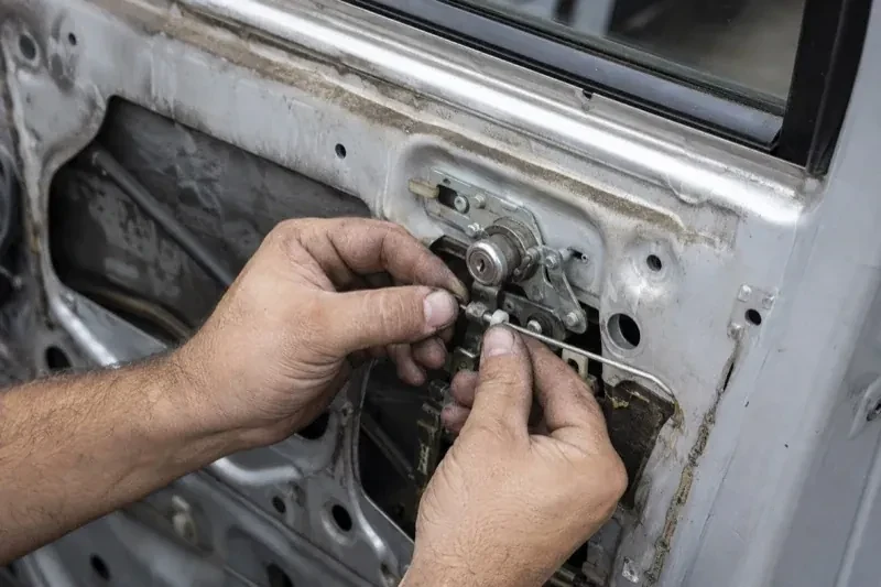 Hands holding a small linkage beside an exposed car-door lock mechanism with the interior trim removed. — Vehicle Lock Repair, Oshawa