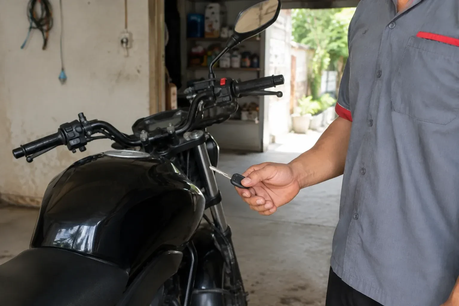 Technician holding a black-headed key beside a parked motorcycle. — Motorcycle & Scooter Keys, Oshawa