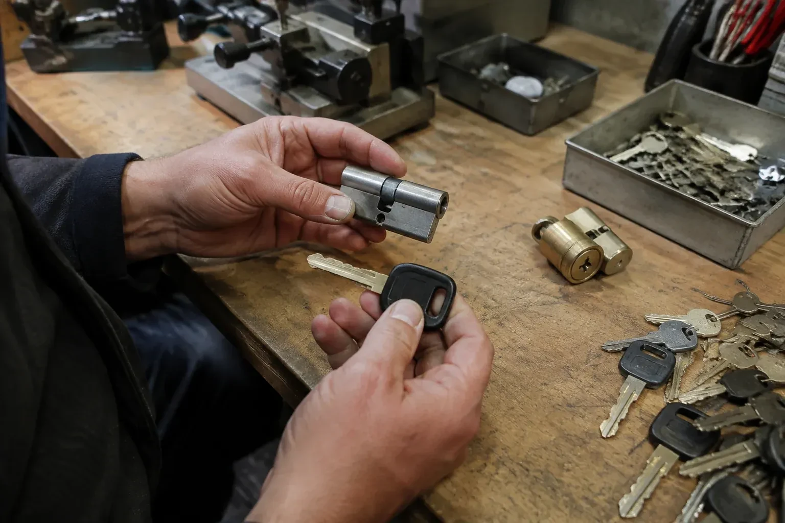 Hands holding a silver-colored lock cylinder and a black-headed key above a workbench with loose keys and another cylinder. — Spare Car Key Duplication, Oshawa