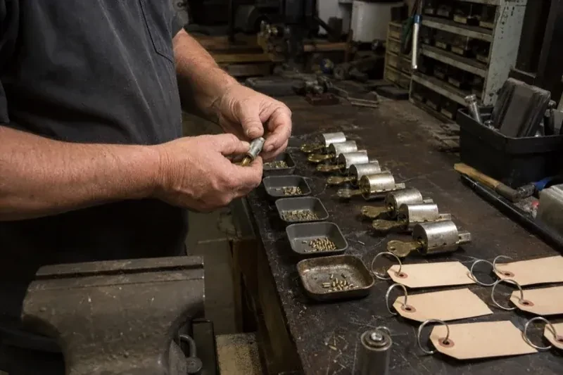 Person handling a lock cylinder at a workbench lined with cylinders, keys, small pin trays and blank key tags. — Commercial Rekeying, Oshawa