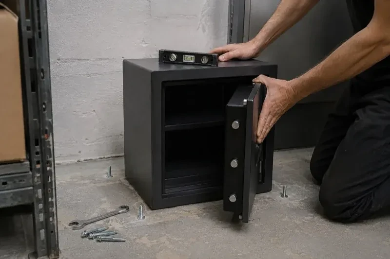 Person kneeling beside an open black safe with a spirit level on top and loose bolts and a wrench on the concrete floor. — Safe Installation & Servicing, Oshawa