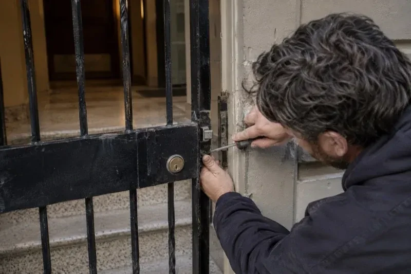 Person using a screwdriver beside the latch of a black barred entrance gate. — Gate & Building Entry Locks, Oshawa