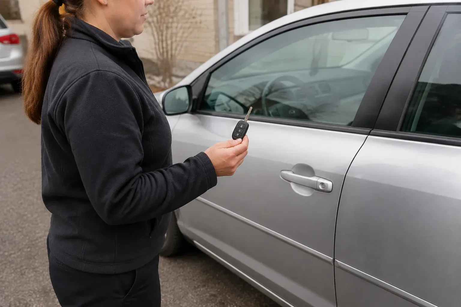 Technician holding a remote key with an extended blade beside a silver car. — Car Key Replacement, Oshawa