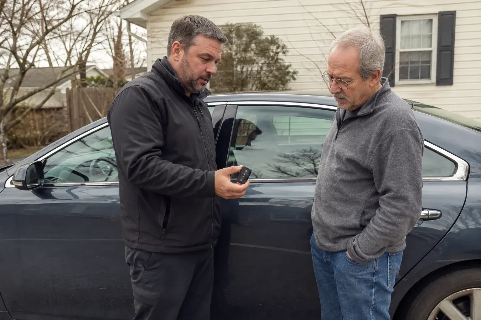 Two people beside a dark sedan, one holding up a black key fob. — Car Lockout Service, Oshawa